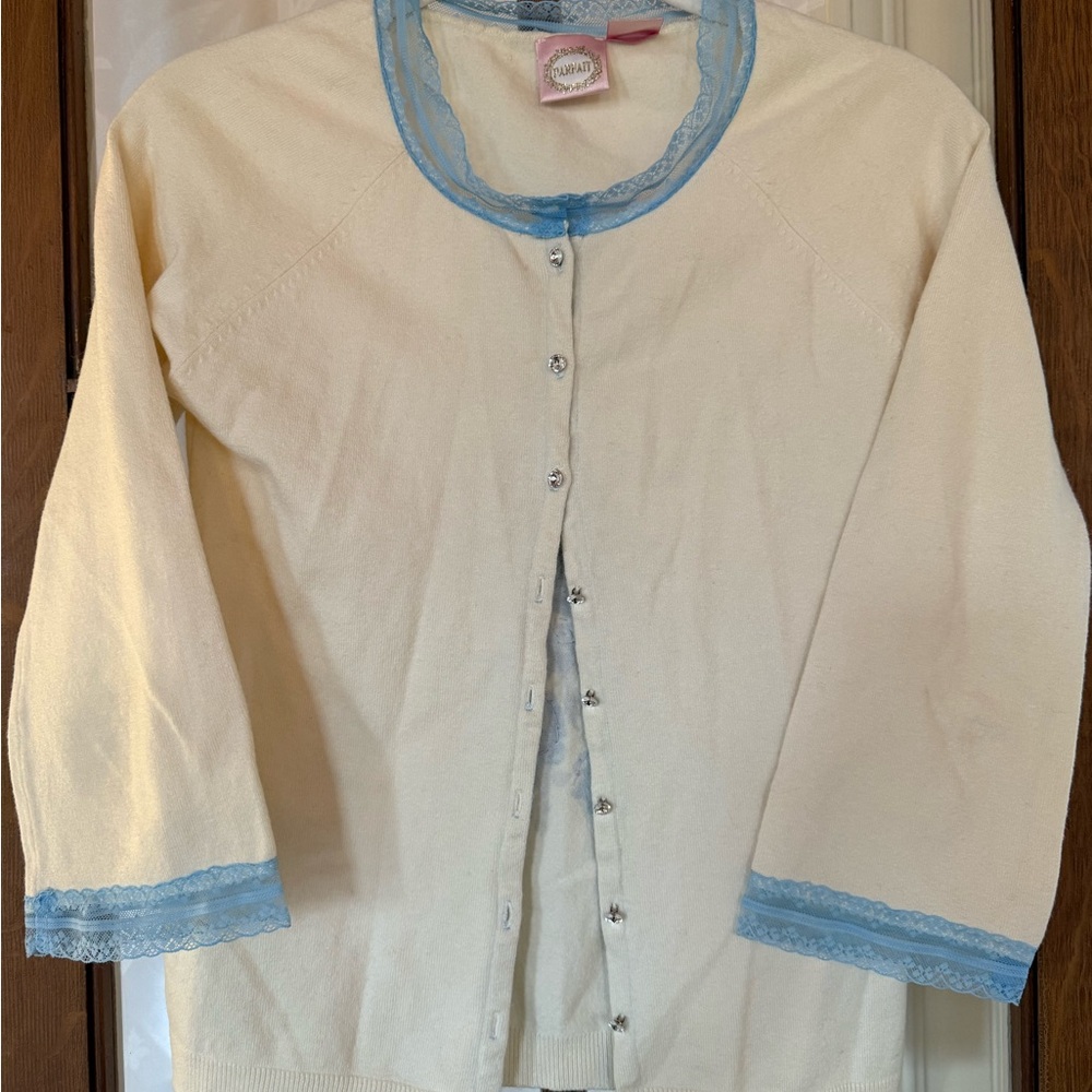Cream Cardigan with Blue Lace Trim